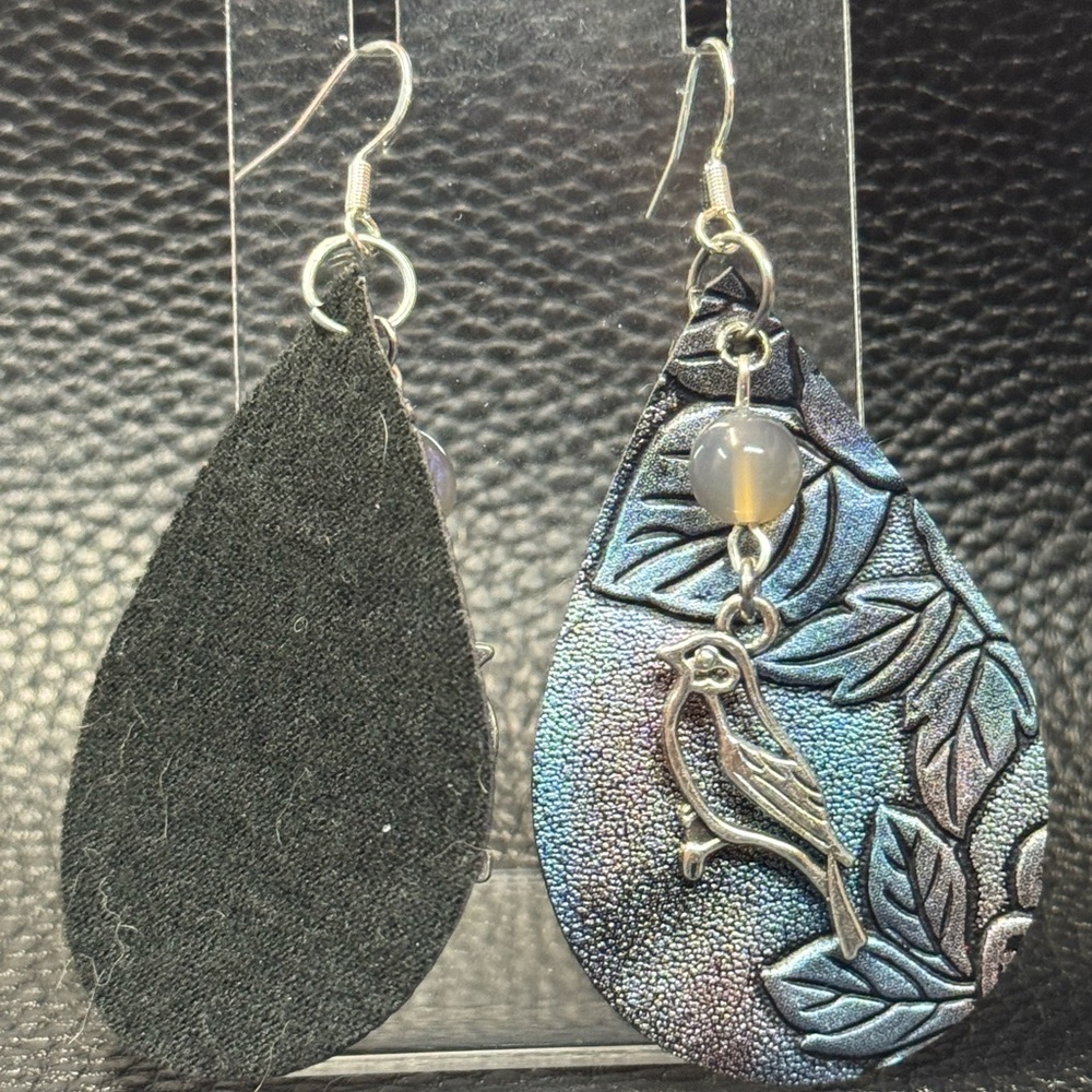 Black/Blue Iridescent Tooled Faux Leather Earrings with Bird Charms - Picture 2 of 4